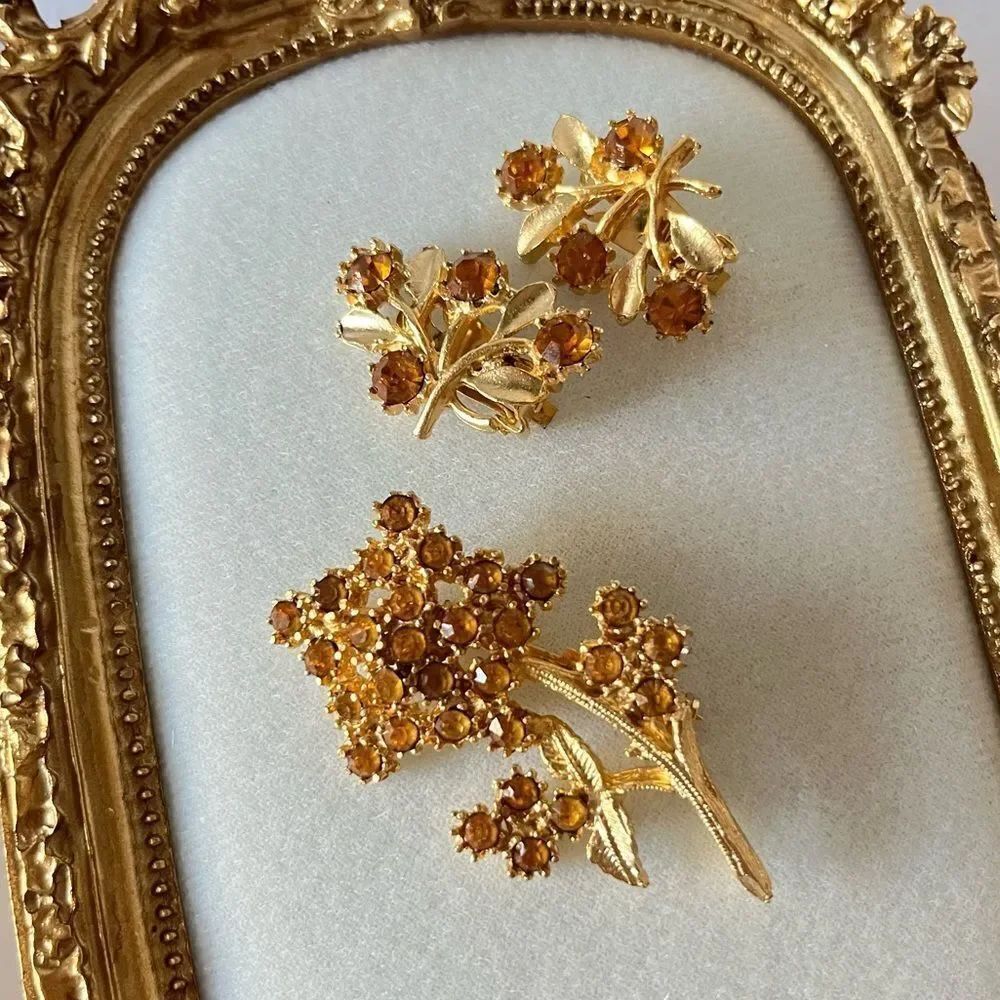 Vintage Gold Topaz Floral Brooch & Earrings Set